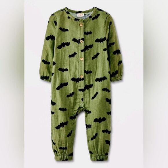 New Green Baby Halloween Gauze 100% cotton Bat Long Sleeve Romper,  Cat & Jack - Picture 1 of 8